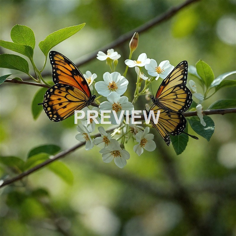 Two monarch butterflies are perched on white flowering branches with green leaves in the background.